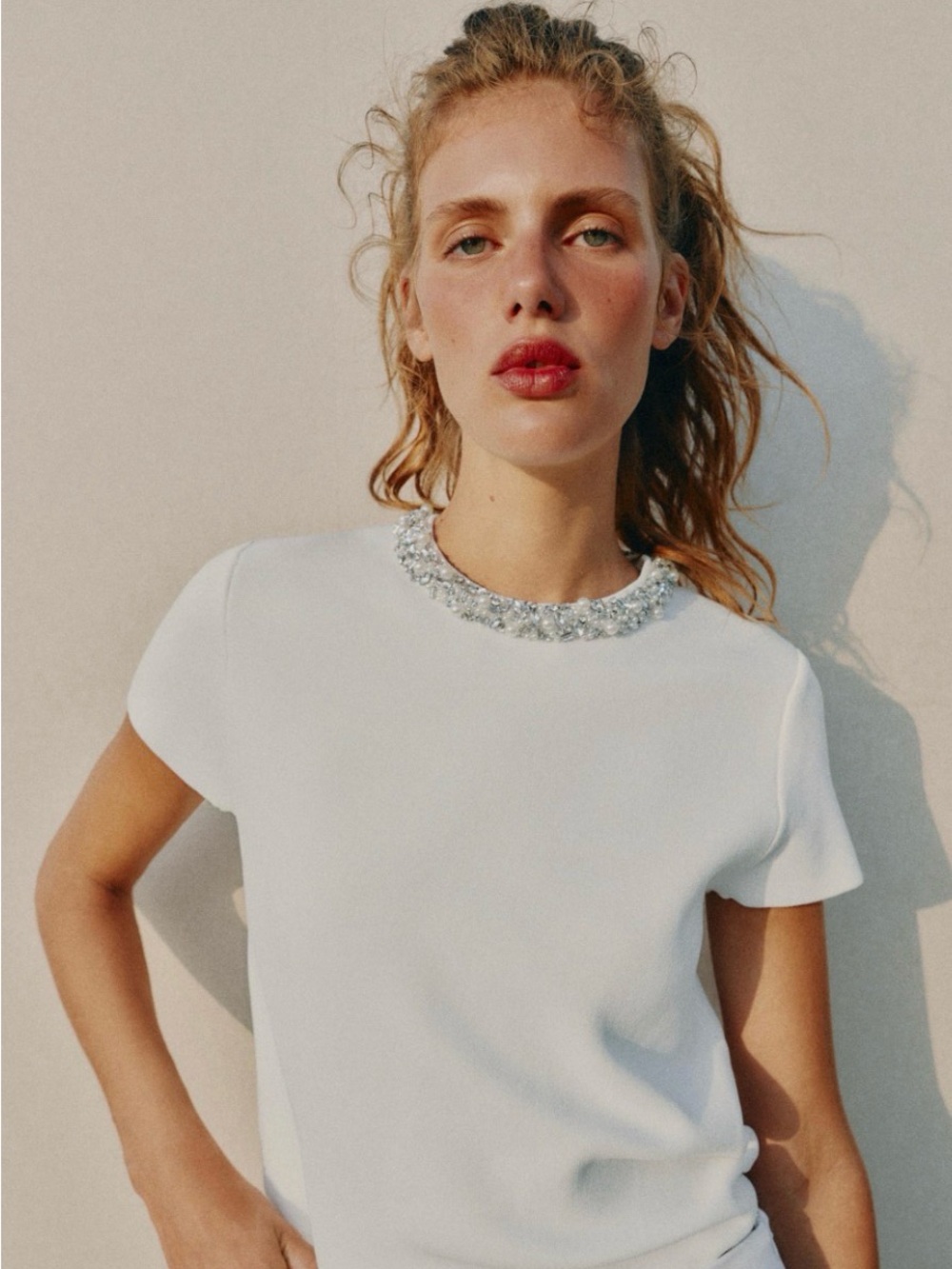 Zara White Short Sleeve Top with Beaded Crewneck